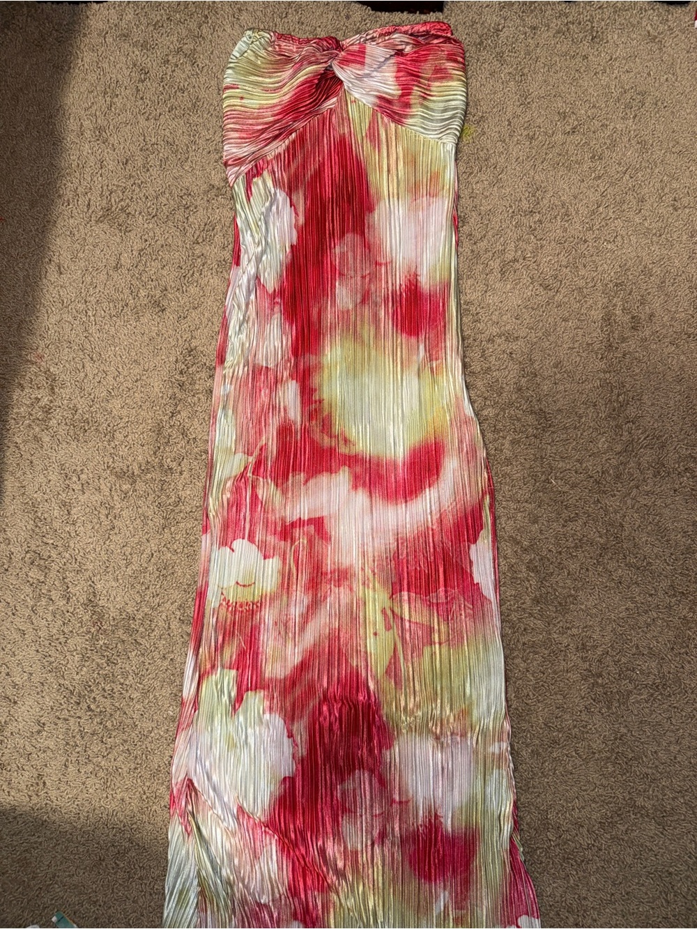 Strapless Pleated Maxi Dress in Red and Cream Watercolor
